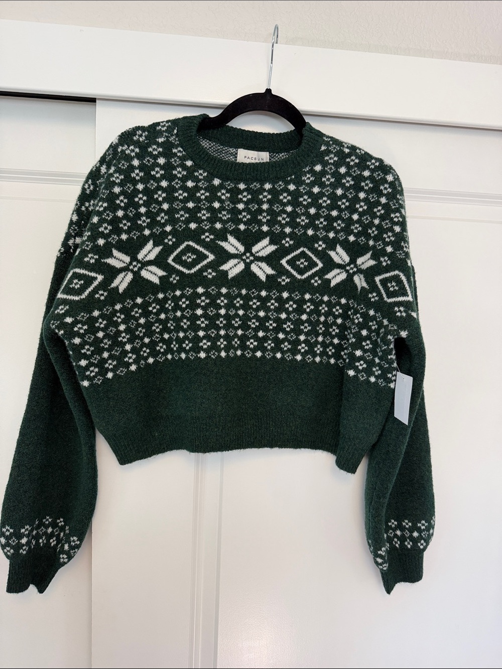 PacSun Dark Green Fair Isle Cropped Crew Sweater